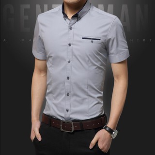 Men Slim Fit Business Shirts Casual Short Sleeve Formal Shirt 【M-5XL】เสื้อเชิ้ตแขนสั้น สีพื้น สไตล์แฟชั่น สำหรับผู้ชาย