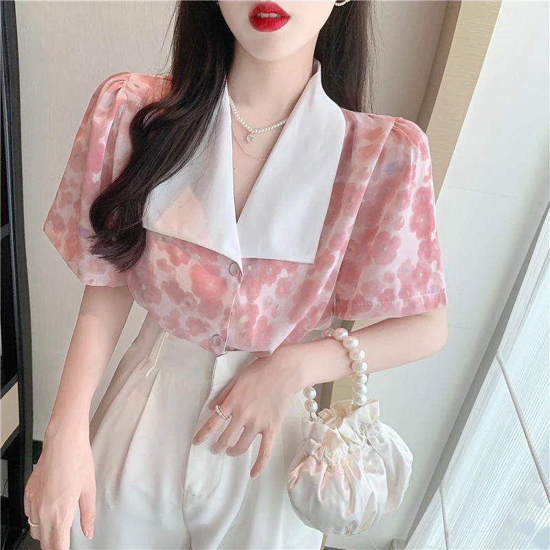 เสื้อตุ๊กตาลายดอกคอวี แขนพอง วินเทจ สีชมพู thumbnail 3