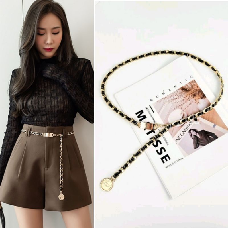 CB-004💖เข็มขัดสายโซ่ 💖โซ่ทองหนังดำ+bag+round งานเกรดพรีเมียม