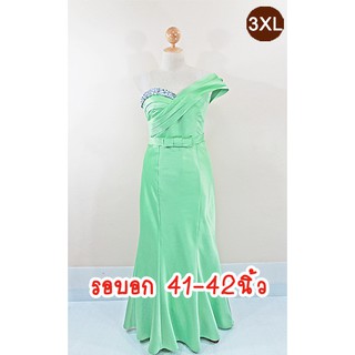 E1723-4-3XL-ชุดราตรียาวคนอ้วน สีเขียว ผ้าไหมซาตินเกรดเอ เกาะอกปักเลื่อม บ่าเดี่ยวเฉียงจับจีบ กระโปรงทรงหางปลา