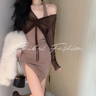 Pure Desire Halter Dress TOP หญิงฤดูใบไม้ผลิสาวร้อนเอวการออกแบบที่ไม่สม่ำเสมอ SENSE สีทึบกระโปรงสะโพกชุดสองชิ้น