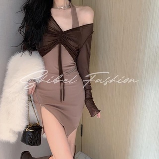 Pure Desire Halter Dress TOP หญิงฤดูใบไม้ผลิสาวร้อนเอวการออกแบบที่ไม่สม่ำเสมอ SENSE สีทึบกระโปรงสะโพกชุดสองชิ้น