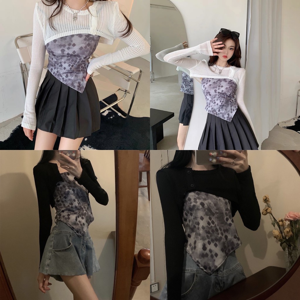 Cicishop(SALE 8079+8073)เสื้อสายเดี่ยว+เสื้อครอปแขนยาว เนื้อผ้าบาง ใส่สบาย สไตล์เกาหลี