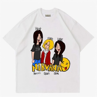 แขนสั้นcrew neckเสื้อยืด ลายวง NIRVANA SERIES สีขาว KURT COBAIN METAL ROCKS-XXXXL