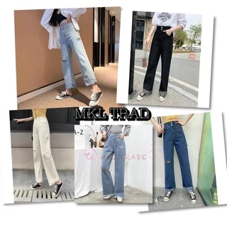 👖👖 MKL ⚡🚚 กางเกงยีนส์เอวสูง ขาบาน แต่งขาดสองข้าง 💖#8012