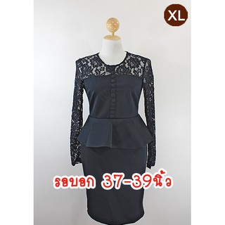 E1730-1-XL-ชุดเดรสคนอ้วน สีดำ ผ้าลูกไม้หรูและผ้ายืดเนื้อหนานิ่ม(ผ้าสกูบ้า) แขนยาวลูกไม้ซีทรู กระโปรงผ่าหลัง