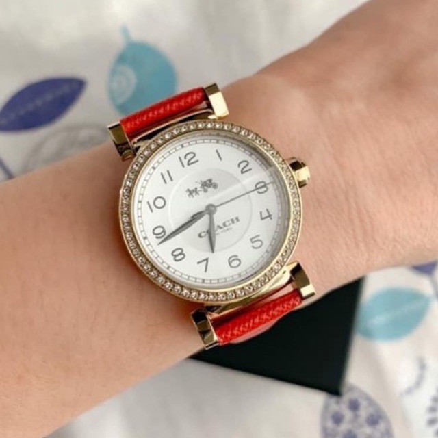 (ผ่อน0%) นาฬิกา Coach Women's Madison 14503394 Beige Leather Strap Glitz Watch สายหนัง สีแดง หน้าปัดล้อมคริสตัล