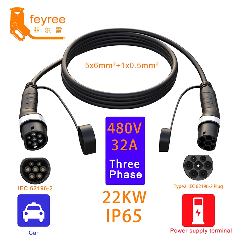 Feyree สายชาร์จ Type2 32A 22KW ปลั๊กตัวเมีย เป็นตัวผู้ EV IEC62196 สําหรับรถยนต์