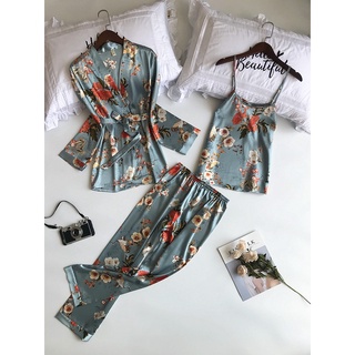 ชุดนอนเสื้อคาร์ดิแกนแขนยาวพิมพ์ลาย + กางเกงคาร์ดิแกน + กางเกง 3 ชิ้นสําหรับผู้หญิง
