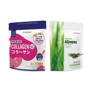 NARAH (นราห์) น้ำผักคั้นสดชนิดผง 4Greens Juice Powder และ Narah Premium Collagen คอลลาเจนนราห์ โปรคู่จิ้น