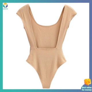 บอดี้สูทสาวอวบ บอดี้สูทผู้หญิง European and American Solid -Color Sexy Back -back Girl Summer Slimming คอกลมต่ำบาง ๆ -เสื้อเชิ้ตสุด