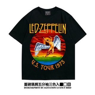 เสื้อยืดสีขาว✎✢Zeppelin ledzeppelin Ami khaki oversize cotton heavy drop shoulder five-point sleeve เสื้อยืดผู้ชายS-4XL