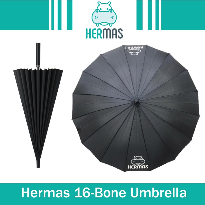 Hermas Logo ร่มผู้ชายด้ามยาว 16 กระดูก สีดํา