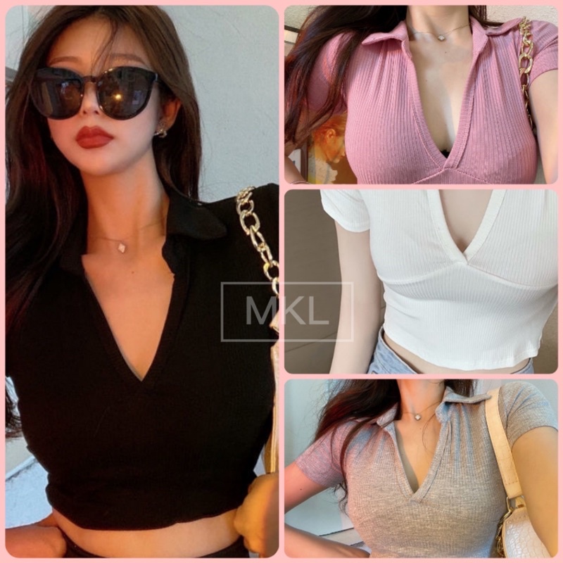 💥MKL💥 เสื้อครอปไหมพรม คอปก เเต่งร่องเล็ก เสื้อไหมพรมแฟชั่น ทรงสวย สไตล์เกาหลี 💕 #28025