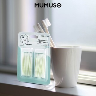 MUMUSO PORTABLE TOOTHPICK มี 2 กล่อง กล่องละ 60 ชิ้น ไม้แคะฟัน 2 ทิศทาง หัวแปรงแคะซอกฟัน ปลายแหลม T0631