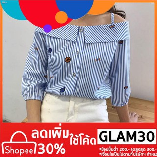 เสื้อเปิดไหล่พิมพ์ลายทางแฟชั่นสำหรับผู้หญิง