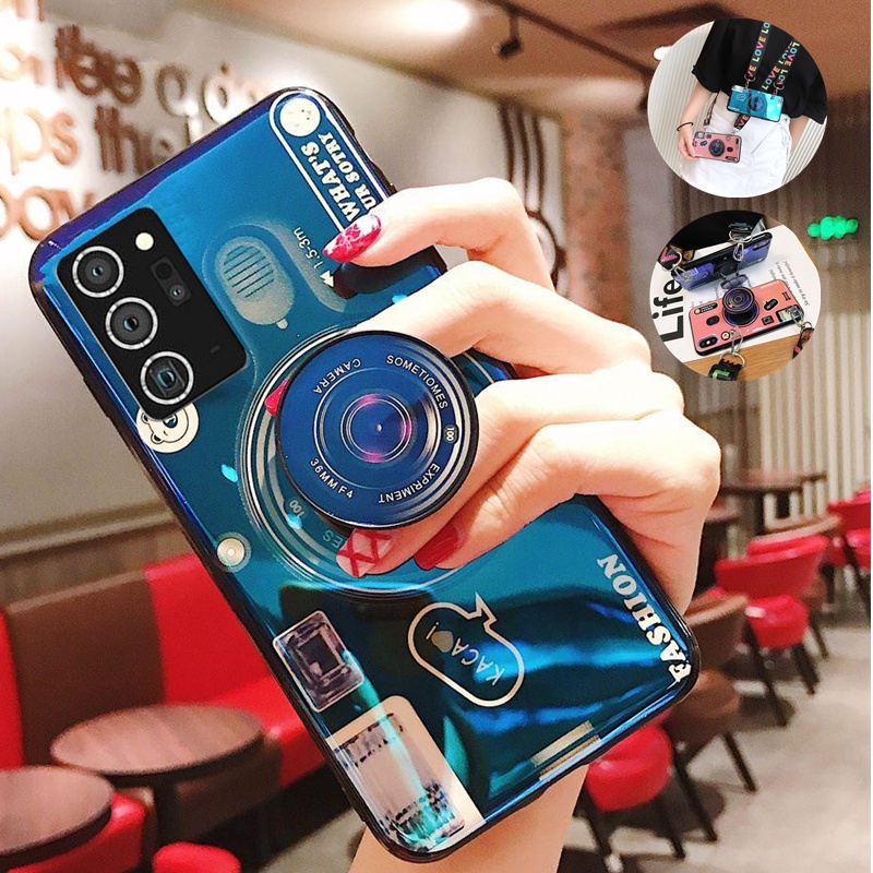 เคสโทรศัพท์มือถือ ซิลิโคน พร้อมขาตั้งกล้อง 3D และสายคล้อง สําหรับ Samsung Galxy A73 A72 A53 A52 A52S A42 A33 A32 A22 A13 A12 A02S A03 A03S A03CoreA21S A31 A51 A71