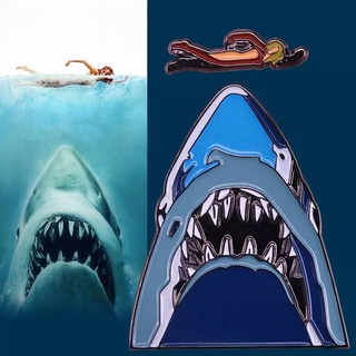 เข็มกลัด / หมุดโลหะ โปสเตอร์หนัง Jaws จอว์ส ( 2 ชิ้น) Jaws Movie Midnight Swimming Over Shark Mouth 🐬🐋⛵💦 (Hard Ename