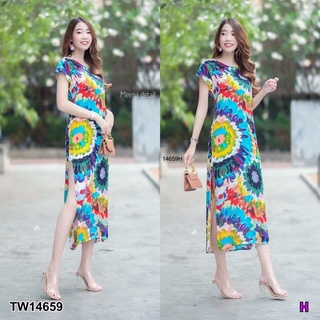 TW14659 Set 2 ชิ้น เสื้อตัวยาว คอกลมแขนสั้น ชายผ่าด้านข้าง 2 ข้าง ผ้าสปันมัดย้อม + กางเกงขาสั้นสีขาว เอวยางยืด ผ้าซาร่า