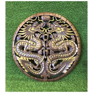 60cm แผ่นไม้ แกะสลัก มังกรทอง ไม้แกะสลัก แขวนผนัง ติดผนัง ไม้สัก ตกแต่งผนัง Wall Hanging Carved Wooden