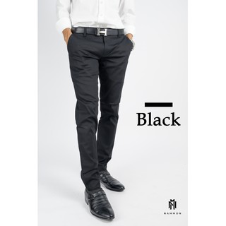 กางเกงสแลคชายขายาว ผ้ายืด Slim-fit กระบอกเล็ก สีดำ Black 28-42 by Nammon