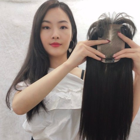 วิกผม เสริมผมแท้ ปิดผมบางทอมือ9cm*14cm ผมยาว45cm หน้าม้าซีทรู ผมแท้ %มีหนังแสกกลางหน้าม้าซีทูcalawigs