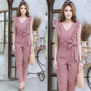 B6759 จั้มสูทขายาวแต่งระบายผูกโบว์เอว Long-sleeved jumpsuit with bow tie at the waist