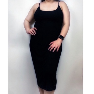 { ผ้าร่อง / สายเดี่ยวเว้าเดรส (ยาว) XXL } ชุดยาวคลุมเข่า แบร…