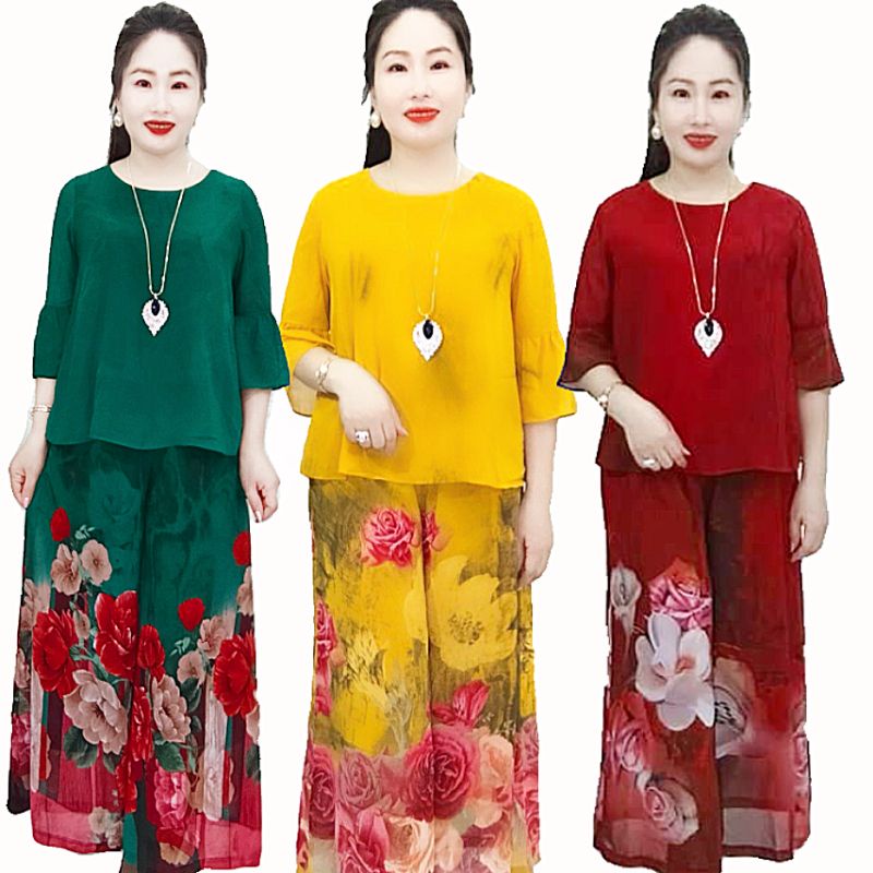 จัดเต็ม รหัส VH001 เสื้อเชิ้ต 2 ชั้น สวยหรูสุดๆ และกางเกง 2 ชั้นออกแบบมาด้วยพิมพ์ลายดอกไม้ 3ง ลายดอก