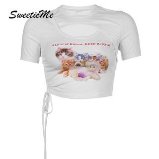 Sweeticme เสื้อยืดครอป แขนสั้น เอวลอย พิมพ์ลาย สุดเซ็กซี่ โชว์สะดือ สําหรับผู้หญิง 2022