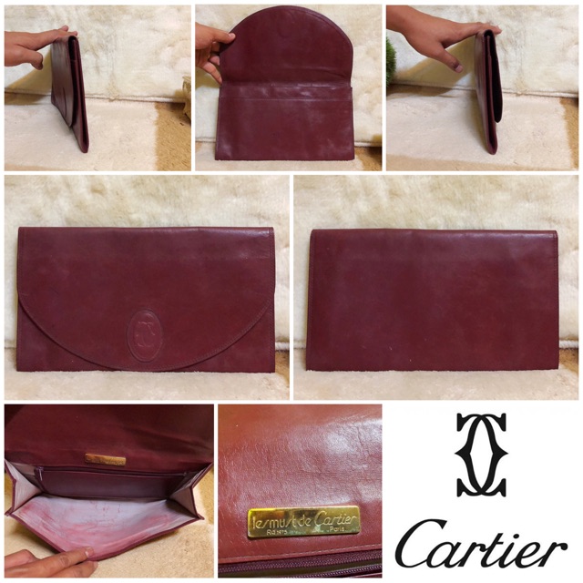 👝: CARTIER Clutch Bag Bordeaux Leather Vintage  แท้💯%