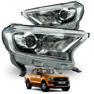 โคมไฟหน้า ไฟหน้า Projector เรนเจอร์ ข้างขวา+ซ้าย สีโครเมี่ยม+ดำ สำหรับ Ford Ranger WT ปี 2015-2017