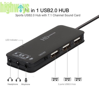 3 Port USB2.0 Hub with External Sound Card Headset Microphone Adapter