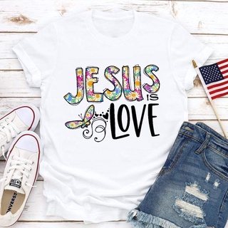 เสื้อยืดแขนสั้นคอกลมพิมพ์ลาย Jesus Love แฟชั่นสตรี