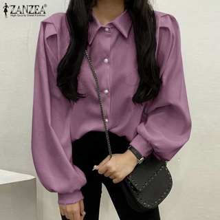 Zanzea เสื้อเชิ้ตแขนยาวลําลอง คอปก สีพื้น สง่างาม เข้ากับทุกการแต่งกาย แฟชั่นสําหรับผู้หญิง