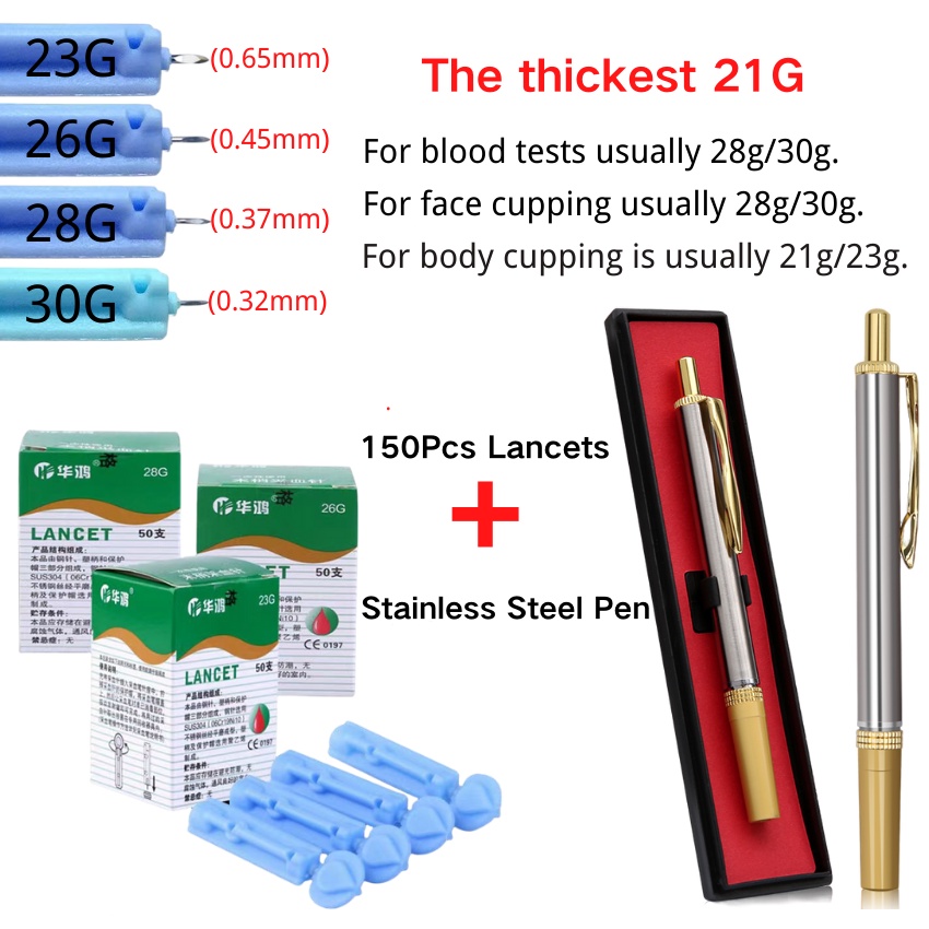 ปากกา ปากกาสแตนเลส Bekam + 150 ชิ้น 21 กรัม/23 กรัม/26 กรัม/30/28 กรัม Kotak Jarum เข็ม Alat Bekam Cupping ฝังเข็มบําบัดเลือด lancets