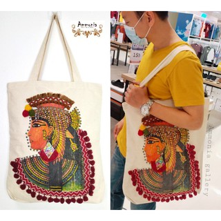 กระเป๋าผ้า cotton สีครีมเนื้อหนา ใบใหญ่ งานHandmade แบบไม่ซ้ำใคร