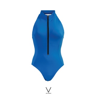 V ACTIVEWEAR SS2022 FRONT ZIP OPEN BACK BLUE SWIMMING SUIT ชุดว่ายน้ำซิบหน้า มีฟองน้ำในตัวผ้าหนา กัน UV UPF 50+