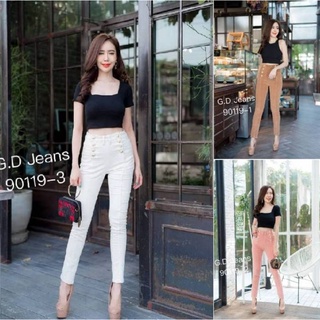 G.D.Jeans รุ่น 90119-3#กางเกงขายาวเอวสูงผ้าลูกฟูกยืดสีขาวครีมทรงกระบอกเล็กเปิดกระดุมหน้า