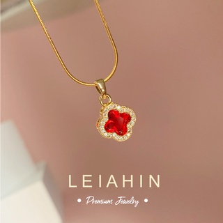 LEIAHIN สร้อยคอโซ่ สเตนเลส ทอง 18k จี้ใบโคลเวอร์สี่แฉก ปรับไ…