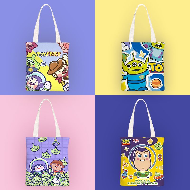 Toy Story Woody Buzz Lightyear กระเป๋าสะพายไหล่ ผ้าแคนวาส ทรงโท้ท ลายการ์ตูน เรียบง่าย สําหรับเด็กผู