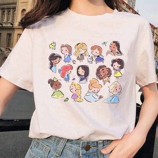 เสื้อยืดผ้าฝ้ายพิมพ์ลายขายดีFrozen Elsa Princess Sofia Snow White Mermaid Disney Princesses Printed Women 90s White Casu