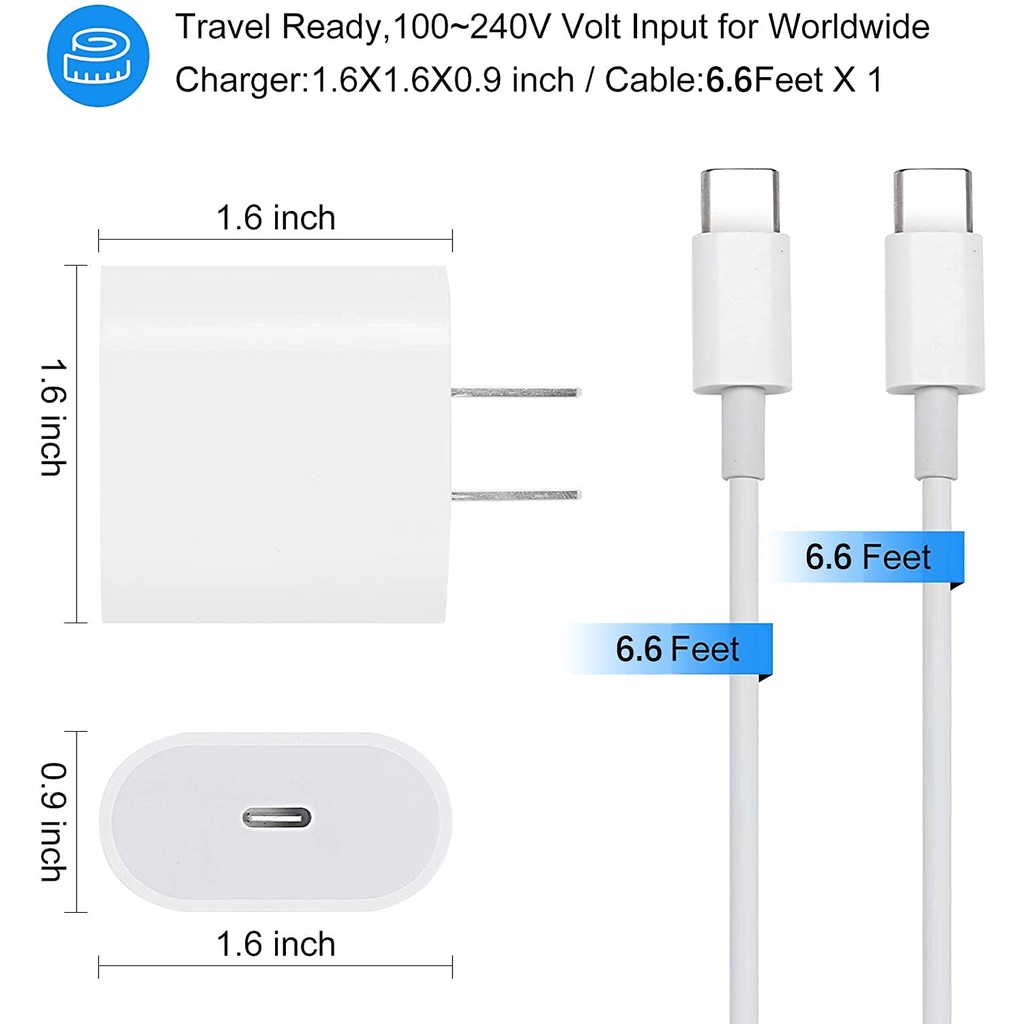 PD Wall Charger with 6.6ft USB C to C Charging Cable Pixle 5/2X/3XL iPad Air 4th 10.9 inch 2020 20W USB C Fast Charger for iPad Pro 12.9 Samsung Galaxy Note 10/S21 iPad Pro 11 inch 2021/2020/2018 