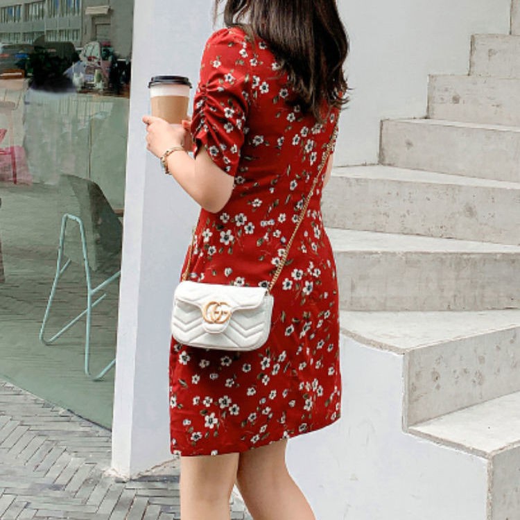 เสื้อผ้าสาวอวบ  plus size Women s new square collar red floral dress, female French retro waist fat mm chiffon skirt