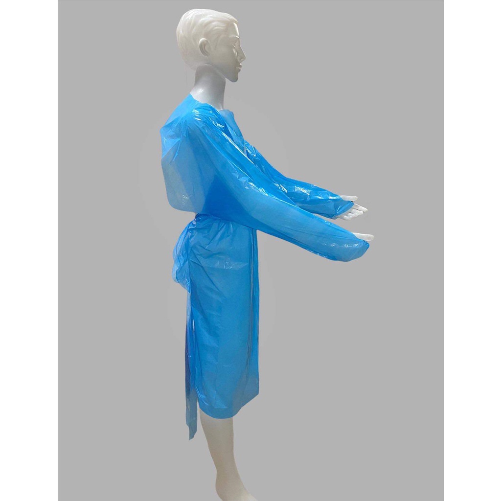 ชุดกาวน์ PE ( PE GOWN ) ประกอบชุด PPE พลาสติกขนาดฟรีไซส์ คลุมร่างกาย ยาวจากแขนถึงข้อมือ ชุดคลุมพลาสติก CPE แบบเปิดหลัง ห