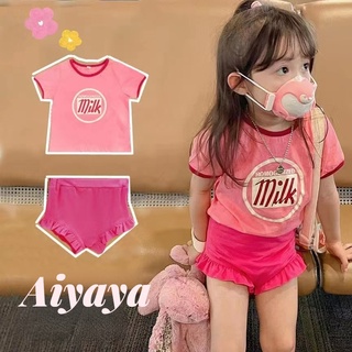 Aiyaya-030 ชุดเซต เสื้อยืด กางเกงขาสั้น สไตล์เกาหลี สำหรับเด็กผู้หญิง เด็กโต