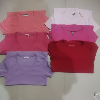 เสื้อยืดสีพื้น คอกลม คอวี Benetton Giordano Uniqlo