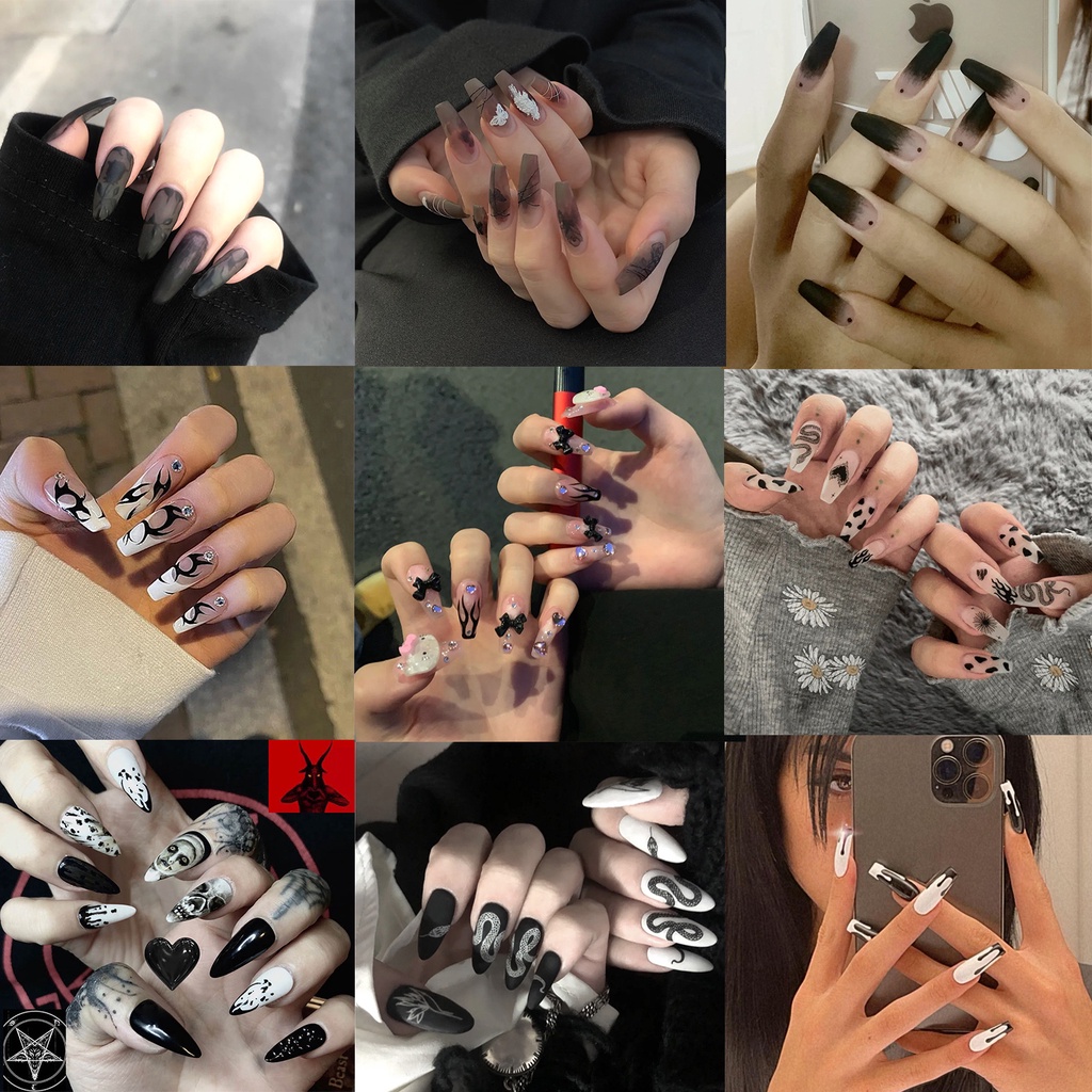 BLNAIL เล็บปลอม แบบถอดออกได้ สีดํา สไตล์พังก์ แฟชั่นสําหรับตกแต่งเล็บ จํานวน 24 ชิ้น