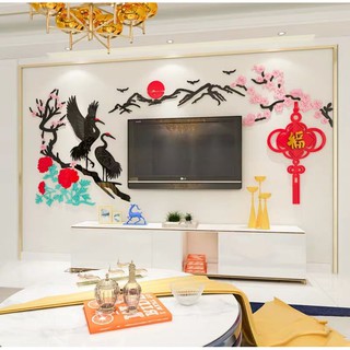 ้home decorate ของตกแต่งผนัง อะคริลิคDIY 3Dตกแต่งผนัง ลายดอกไม้และนกกะเรียนจีน ภาพมงคล ของตกแต่งบ้านเพิ่มความสวยงามผนัง