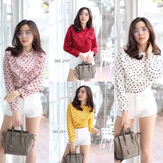 🍋พร้อมส่ง เสื้อเชิ้ตครอป ลายจุด